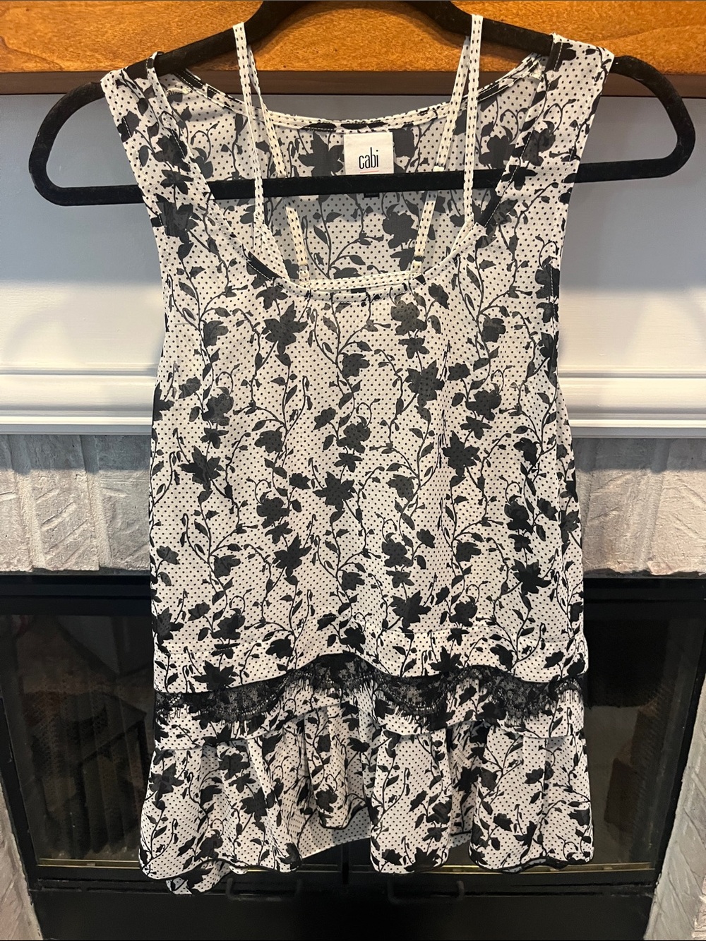 CAbi Black & White Floral Ruffle Tank
